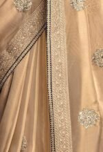 Shimmer Net Gold-coloured saree featuring an all-over heavy gold zari butta and sequence work on body decorated with border with contrast navy blue piping - Image 2