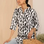 White Printed Silk Blend Straight Tunic