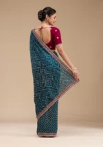 Teal Green Printed Soft Raw Silk Saree - Image 2