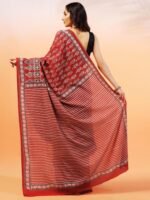 Handprinted Ajrakh On Cotton Red Saree With Running Blouse - Image 3