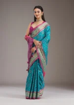 Turquoise Blue Threadwork Art Silk Saree - Image 2